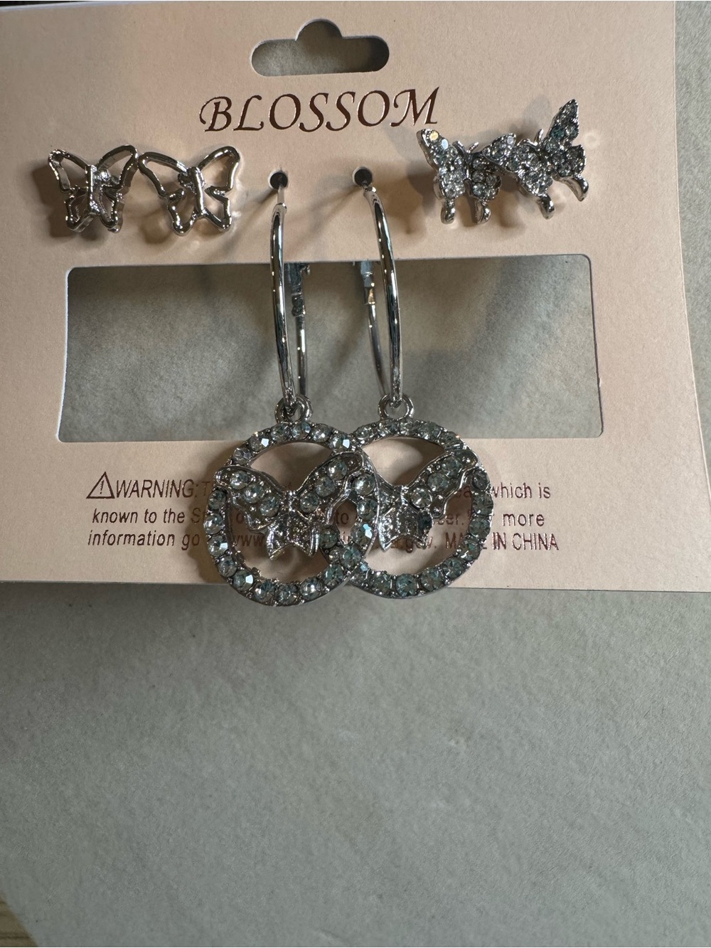 NWT Blossom Silver Butterfly Earrings - 3pk Silver Crystal Accent